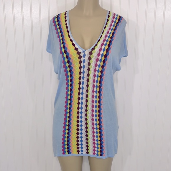 Tops - Knit Argyle Pattern Light Blue Tunic Top/Mini Dress Dolman Sleeves Small
